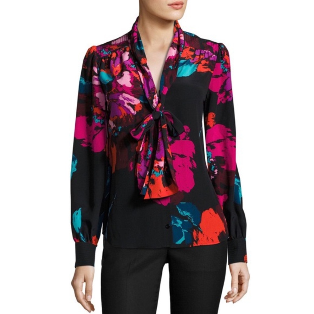 TRINA TURK “True Floral” Silk Neck Tie Bow Blouse